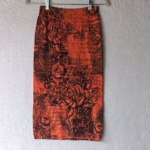 M USA Junior's Orange & Black Floral Y2K Bodycon‎ Midi Skirt One Size